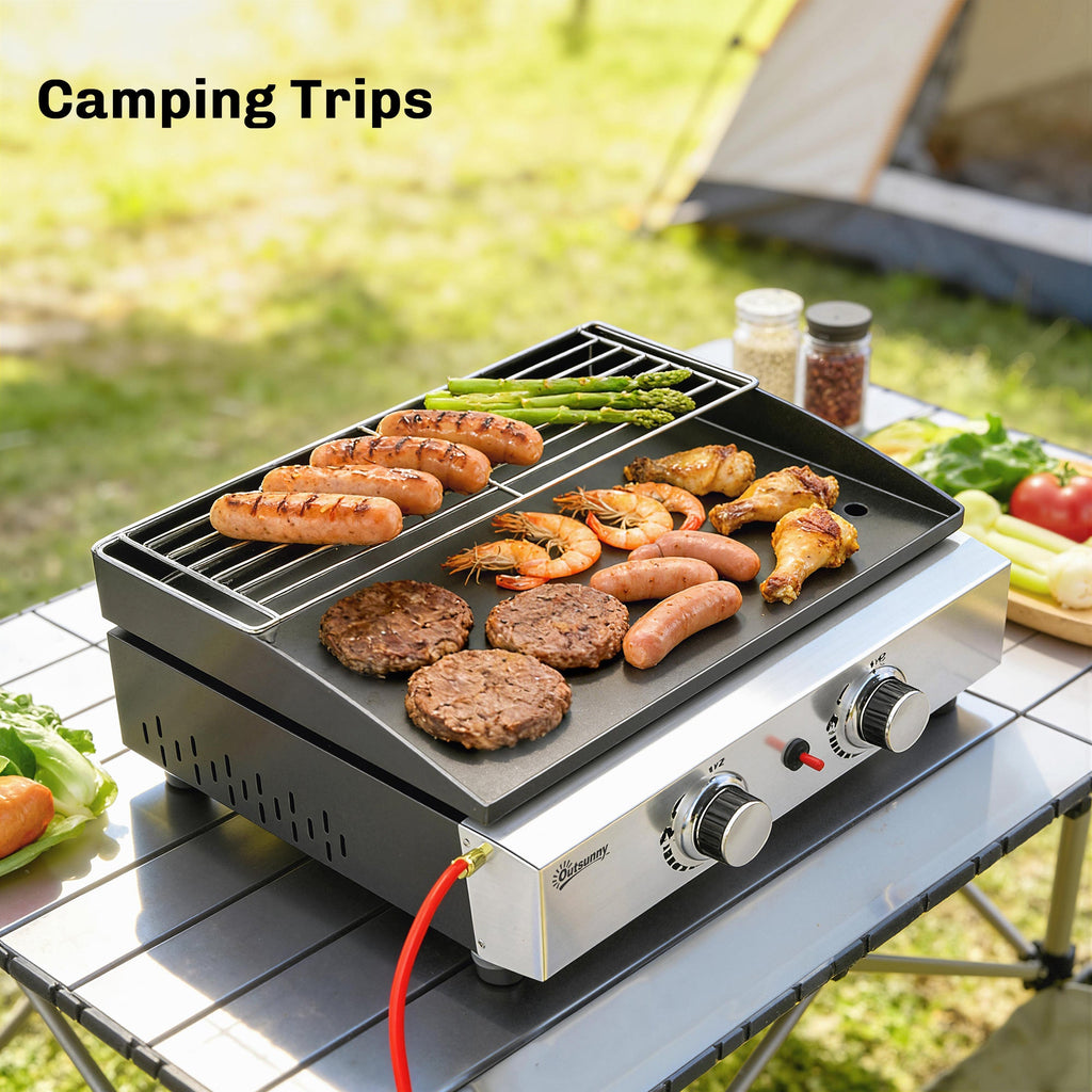 2 Burner Gas Plancha Grill with Warming Rack, 5 kW, Black