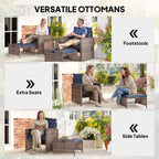 5-Piece Patio Set with Ottomans and 2-Tier Glass Table, Brown and Dark Blue