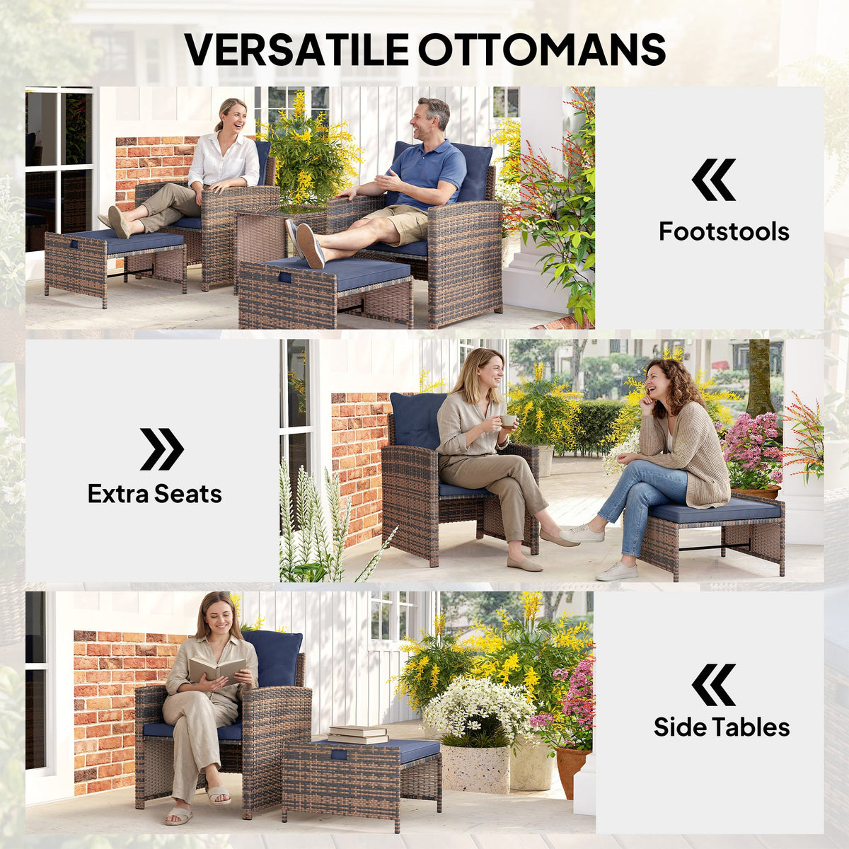 5-Piece Patio Set with Ottomans and 2-Tier Glass Table, Brown and Dark Blue
