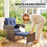 5-Piece Patio Set with Ottomans and 2-Tier Glass Table, Brown and Dark Blue