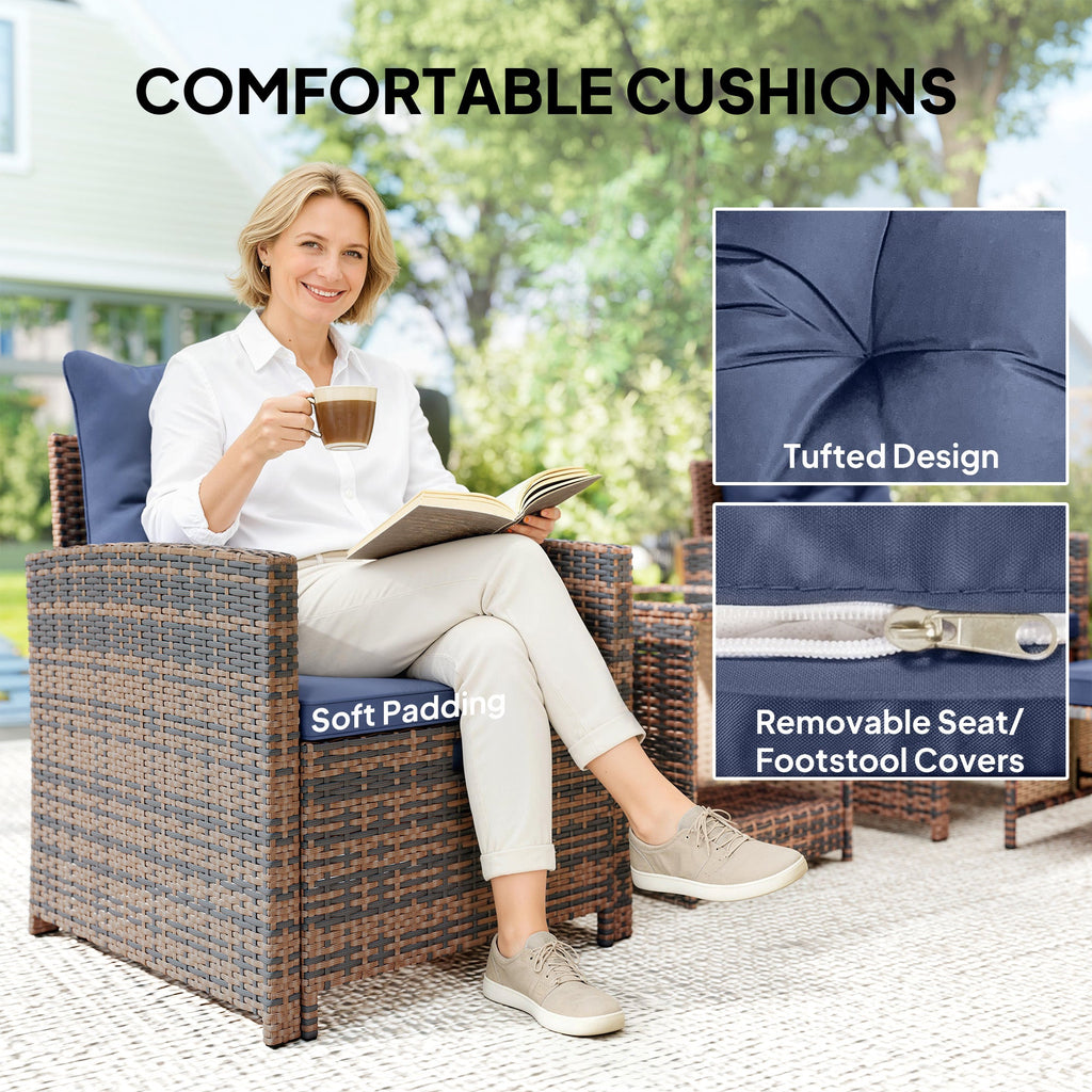 5-Piece Patio Set with Ottomans and 2-Tier Glass Table, Brown and Dark Blue