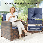 5-Piece Patio Set with Ottomans and 2-Tier Glass Table, Brown and Dark Blue
