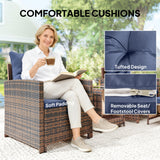 5-Piece Patio Set with Ottomans and 2-Tier Glass Table, Brown and Dark Blue
