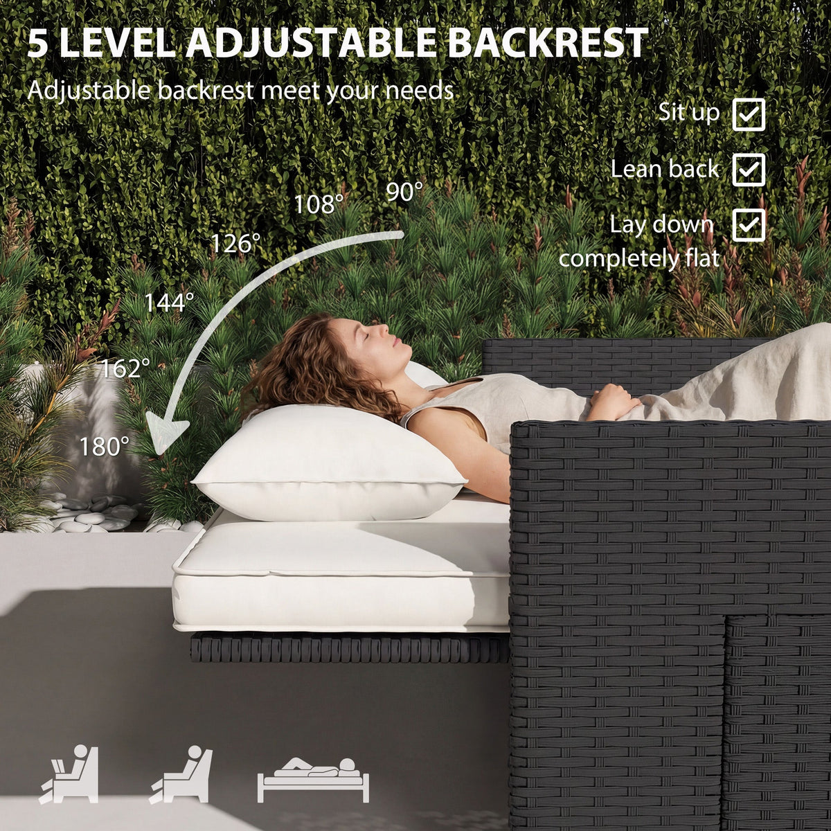 Rattan Garden Daybed with Ottoman, Retractable Trays & Cushions, Cream White