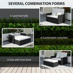 Rattan Garden Daybed with Ottoman, Retractable Trays & Cushions, Cream White