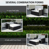 Rattan Garden Daybed with Ottoman, Retractable Trays & Cushions, Cream White