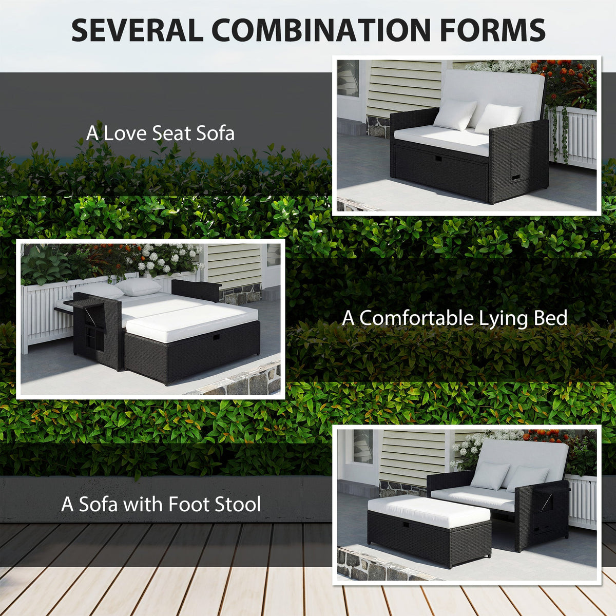 Rattan Garden Daybed with Ottoman, Retractable Trays & Cushions, Cream White