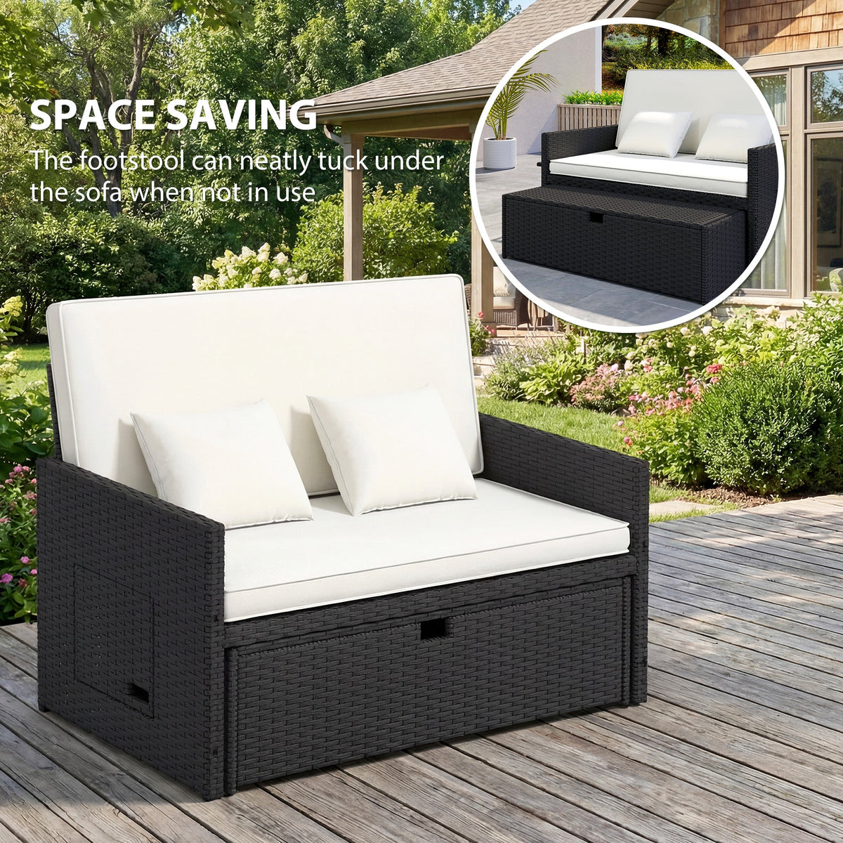 Rattan Garden Daybed with Ottoman, Retractable Trays & Cushions, Cream White