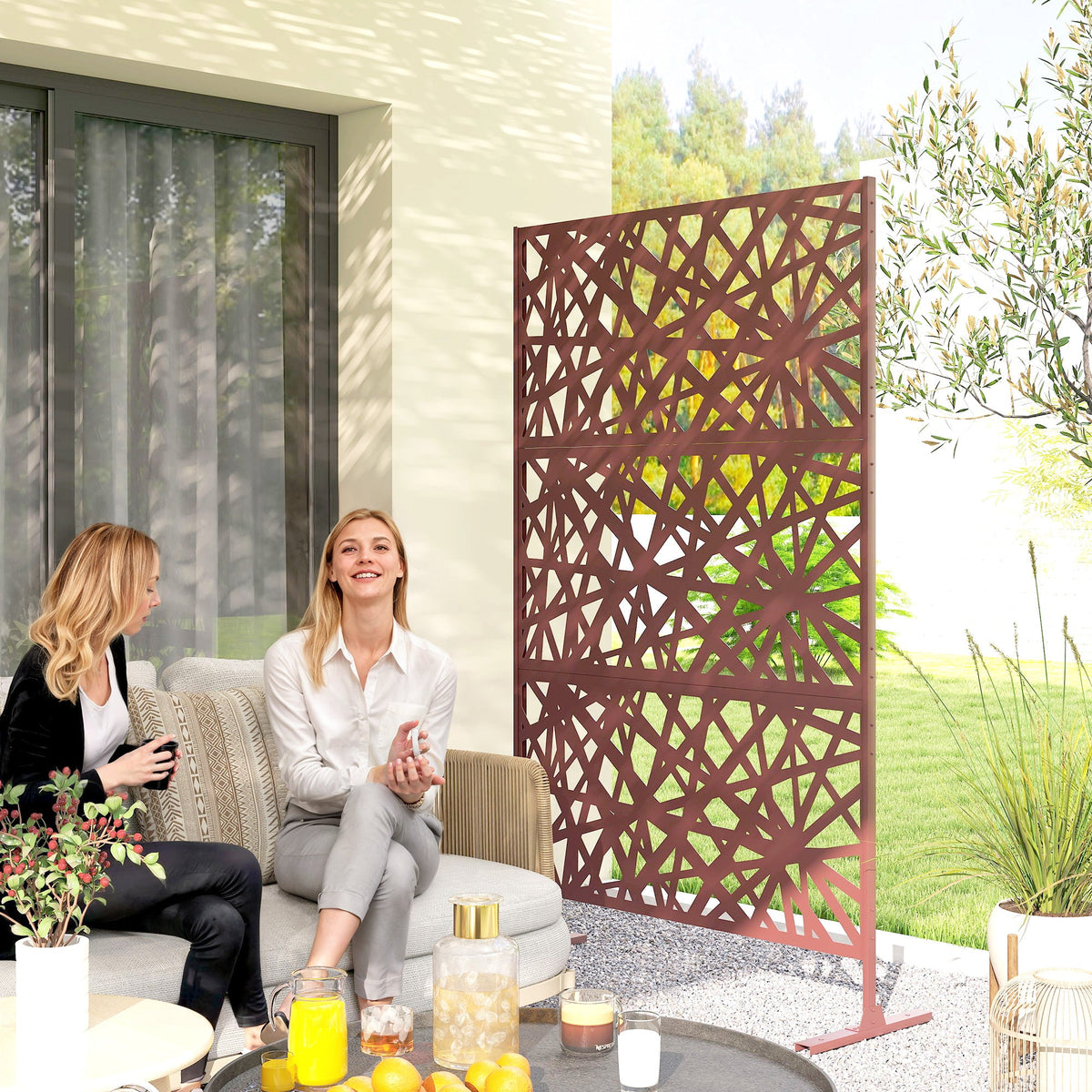 78" x 48" Metal Outdoor Privacy Screen, Labyrinth Design, Dark Brown
