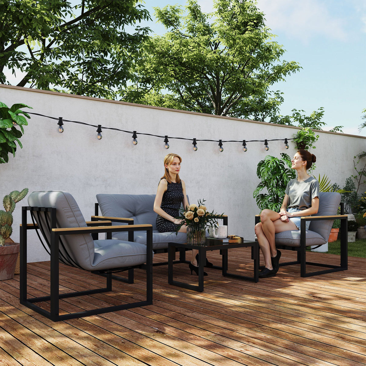4 Piece Patio Furniture Set with Loveseat, Coffee Table and Thick Cushions, Light Grey