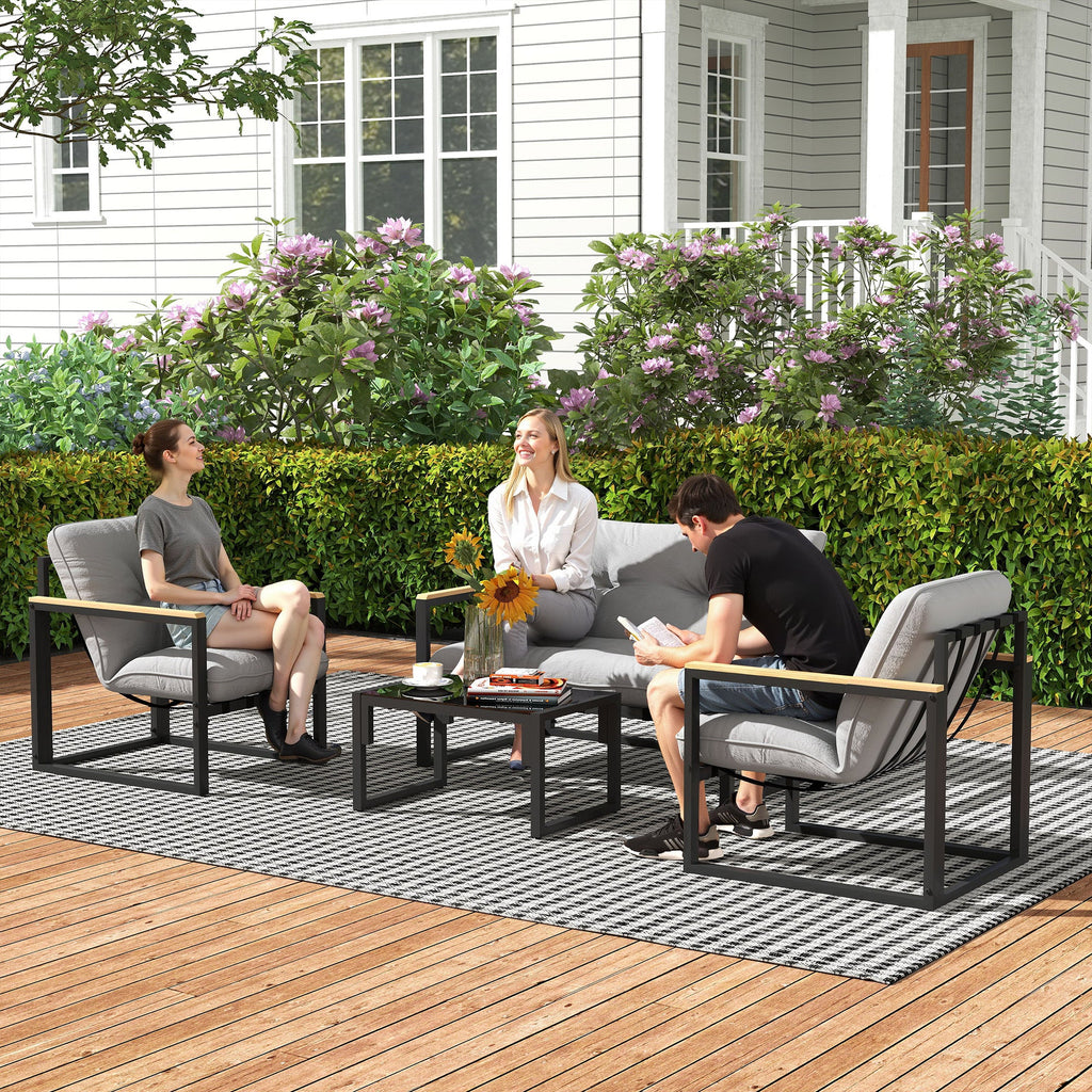 4 Piece Patio Furniture Set with Loveseat, Coffee Table and Thick Cushions, Light Grey