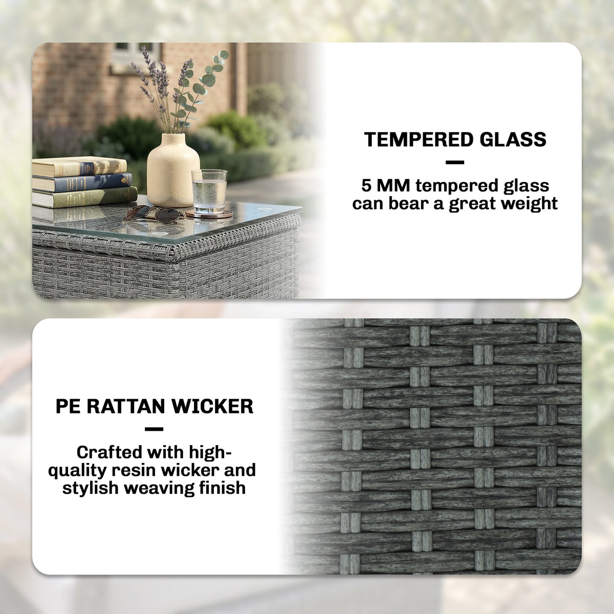 3-Piece Rattan Bistro Set with Metal Frame, Glass Table and Cushions, Light Grey