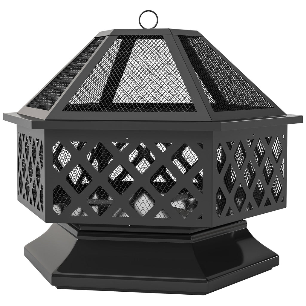 28" Outdoor Fire Pit Grill with Cooking Grate, Fire Poker and Spark Screen Lid