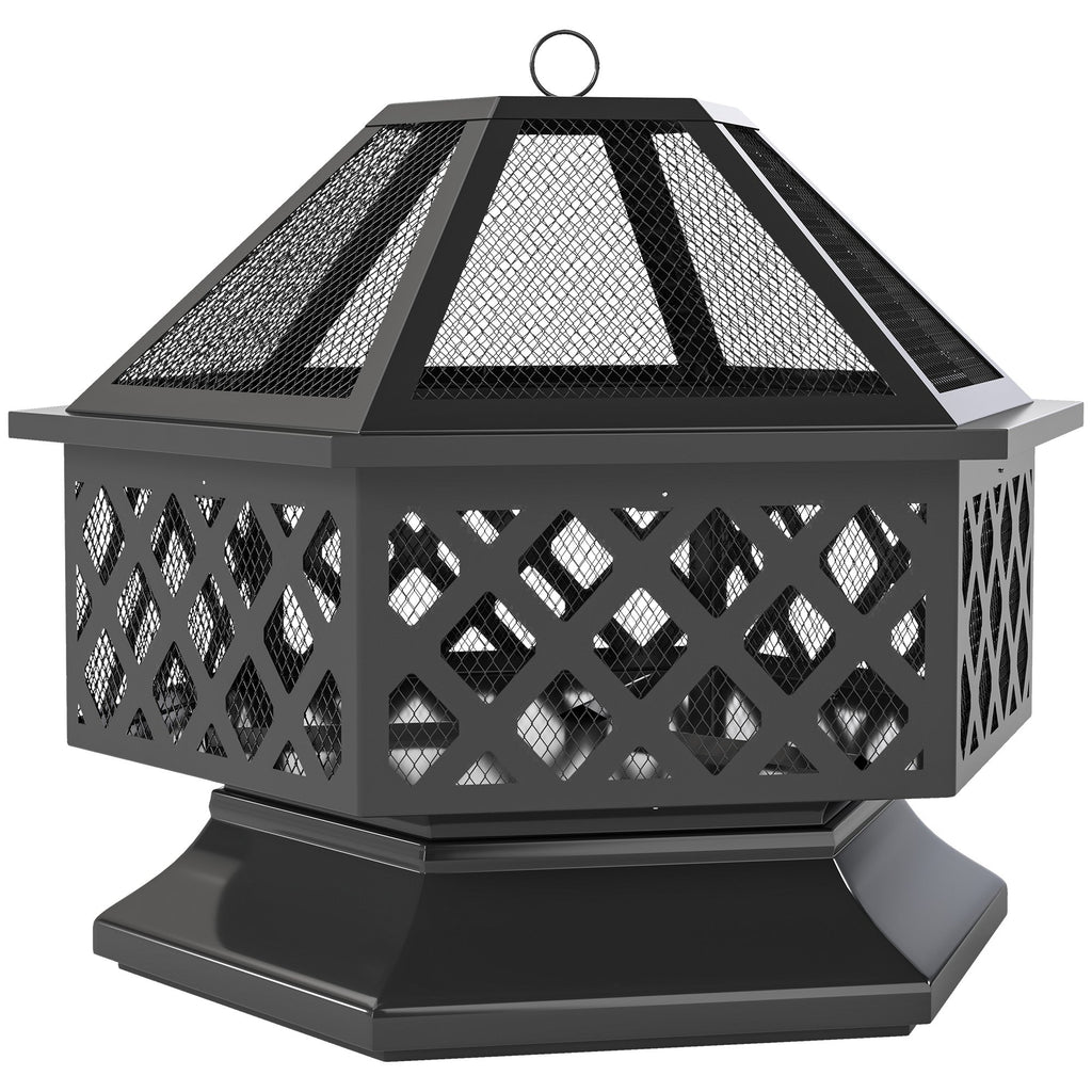 28" Outdoor Fire Pit Grill with Cooking Grate, Fire Poker and Spark Screen Lid