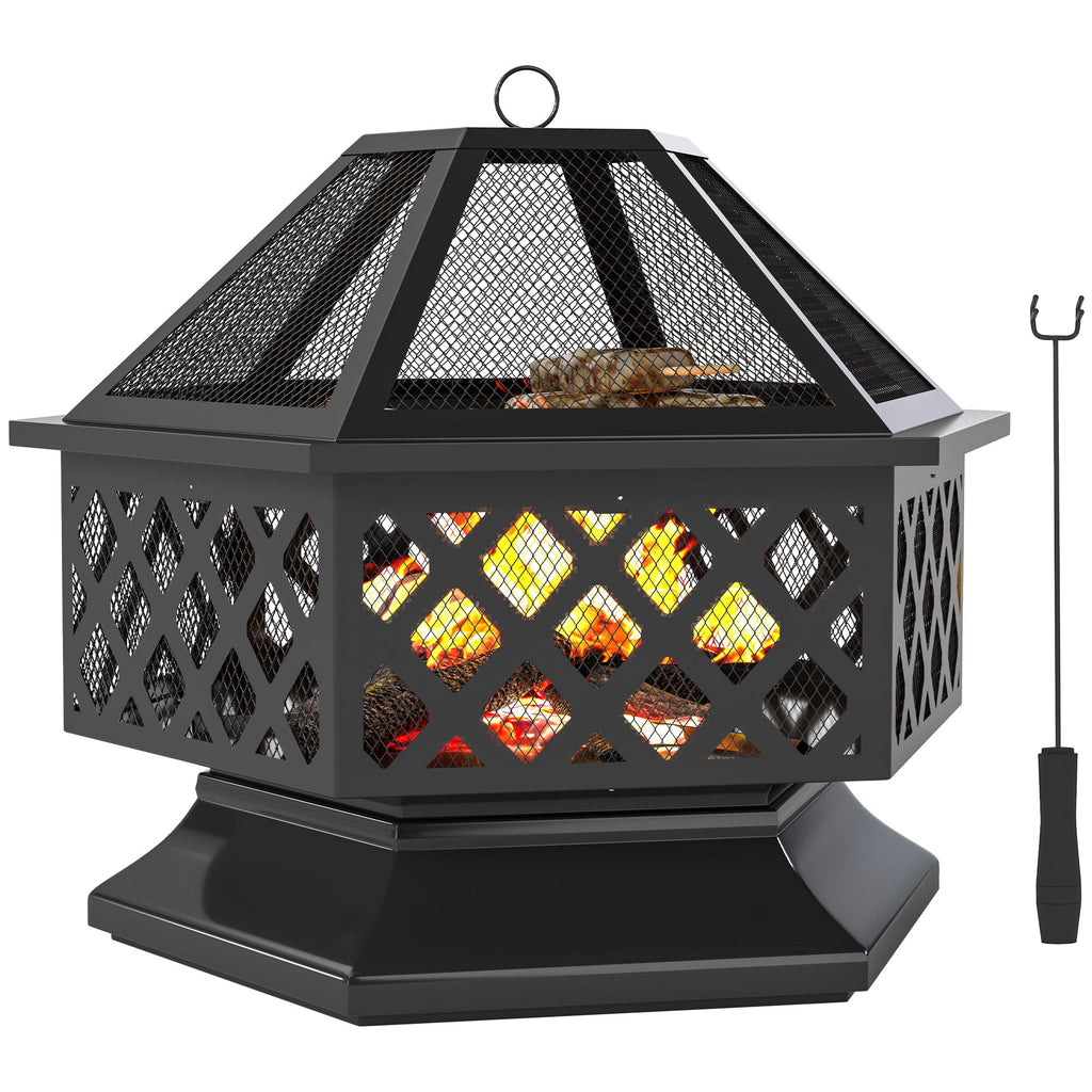 28" Outdoor Fire Pit Grill with Cooking Grate, Fire Poker and Spark Screen Lid