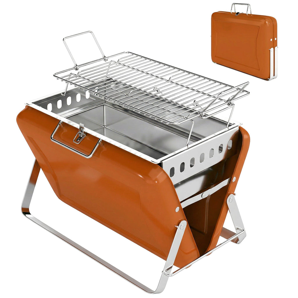 Folding Portable Charcoal BBQ Grill with Handle and Foldable Legs, Orange