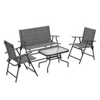 4pc Patio Furniture Set with Foldable Chairs, Loveseat and Glass Table, Mixed Grey