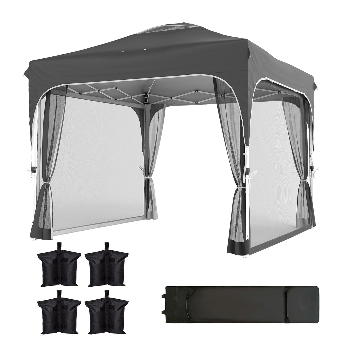 10 x 10 ft Pop Up Canopy Tent with Mosquito Netting and Sandbags, Dark Grey