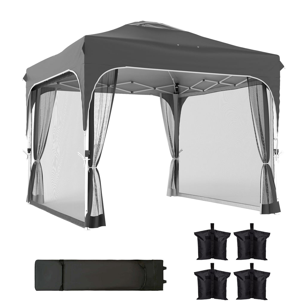 10 x 10 ft Pop Up Canopy Tent with Mosquito Netting and Sandbags, Dark Grey