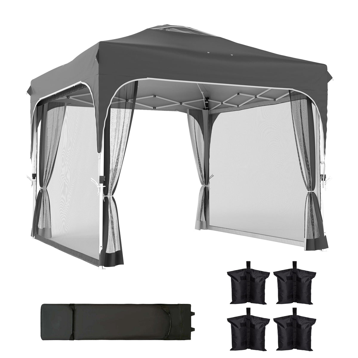 10 x 10 ft Pop Up Canopy Tent with Mosquito Netting and Sandbags, Dark Grey