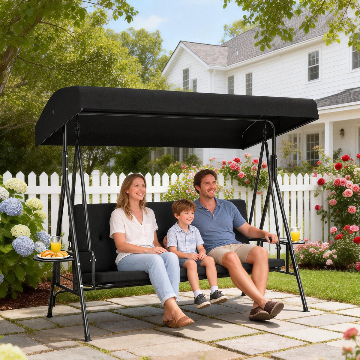 3-Seat Patio Swing Chair with Adjustable Canopy and Side Tray, Black