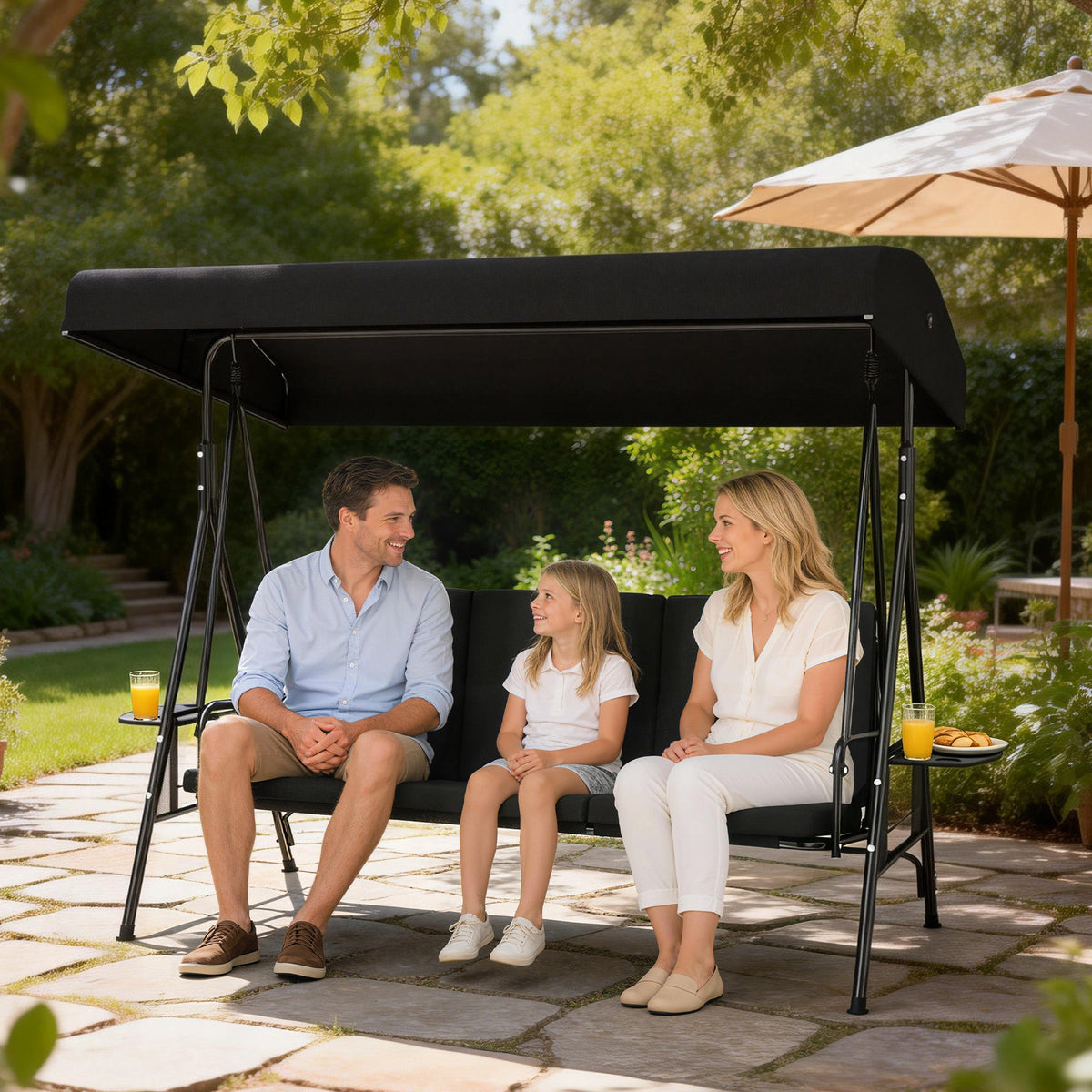 3-Seat Patio Swing Chair with Adjustable Canopy and Side Tray, Black