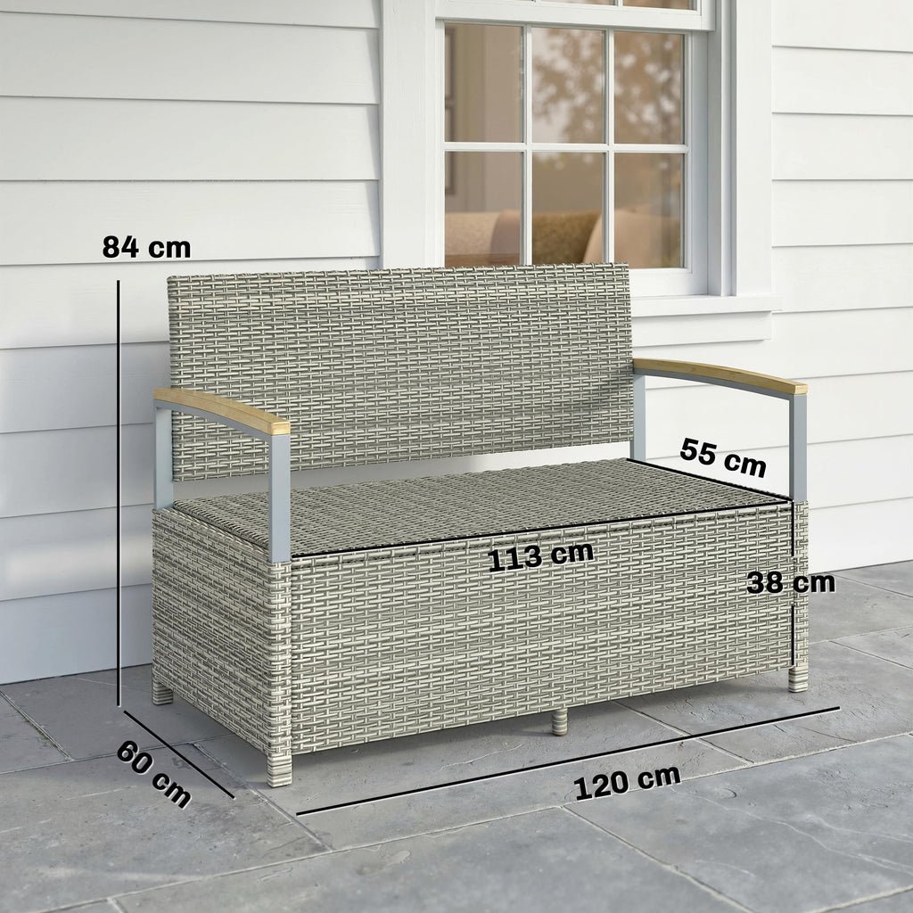 144L 2-Seater Rattan Storage Bench with Acacia Armrests & Gas Strut, Light Grey