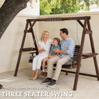 3 Seater Wooden Garden Swing Seat with Cushion and Side Trays, Carbonised Brown