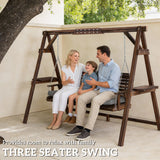 3 Seater Wooden Garden Swing Seat with Cushion and Side Trays, Carbonised Brown