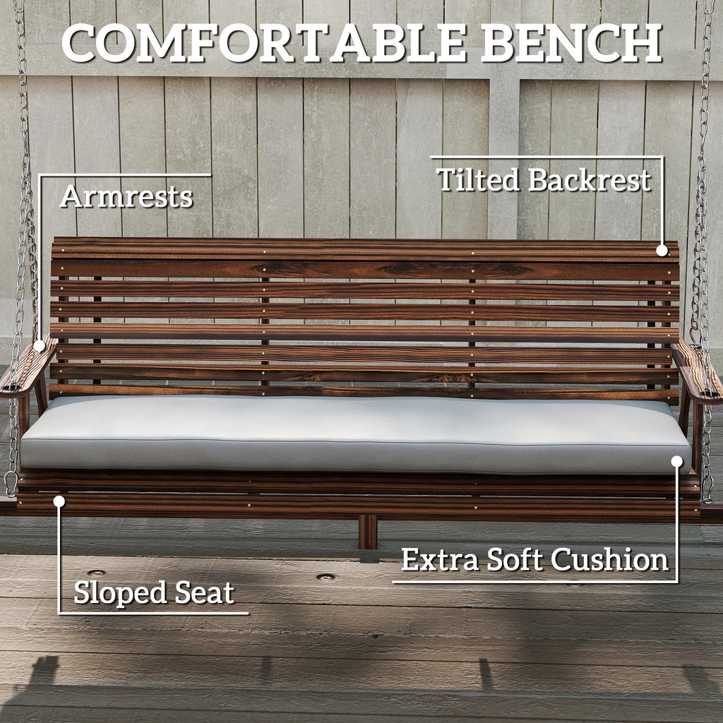 3 Seater Wooden Garden Swing Seat with Cushion and Side Trays, Carbonised Brown