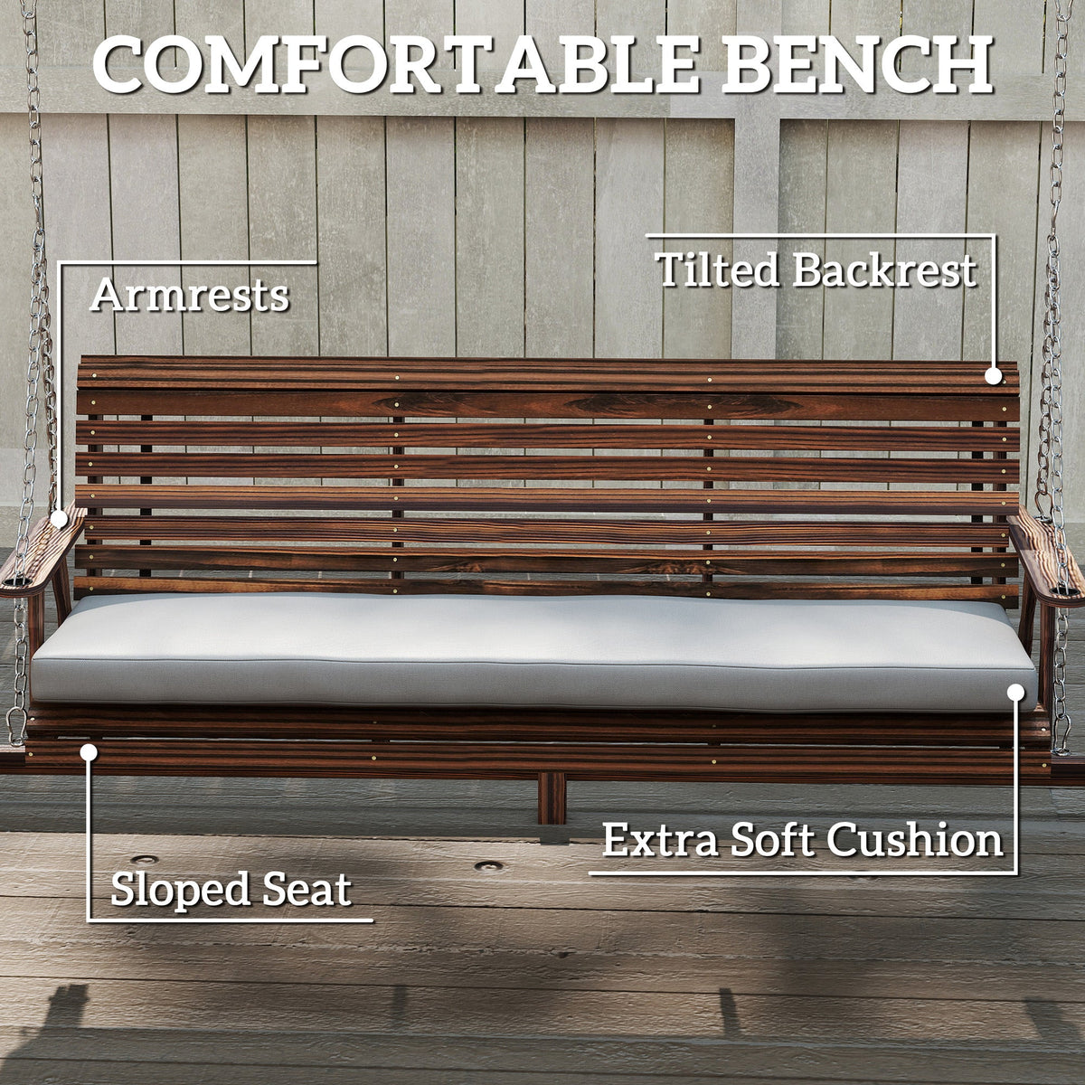 3 Seater Wooden Garden Swing Seat with Cushion and Side Trays, Carbonised Brown