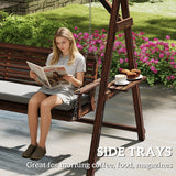 3 Seater Wooden Garden Swing Seat with Cushion and Side Trays, Carbonised Brown