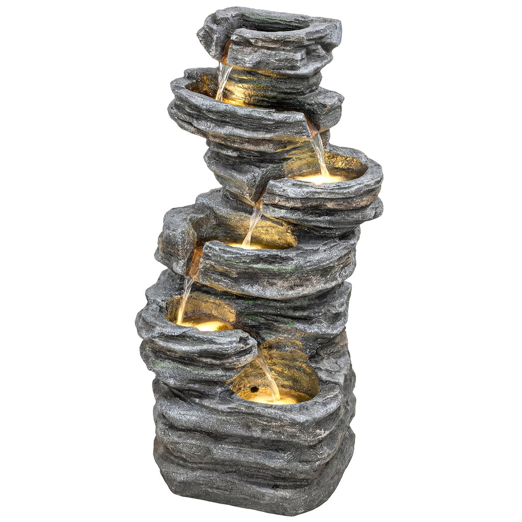 6-Tier Resin Rock Garden Fountain with Cascading Waterfall and LED Lights, Grey