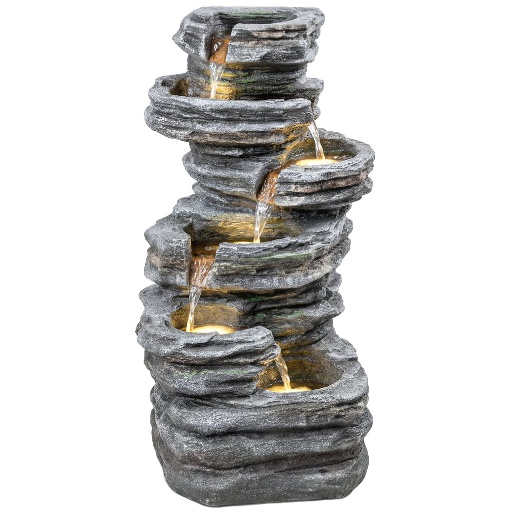 6-Tier Resin Rock Garden Fountain with Cascading Waterfall and LED Lights, Grey