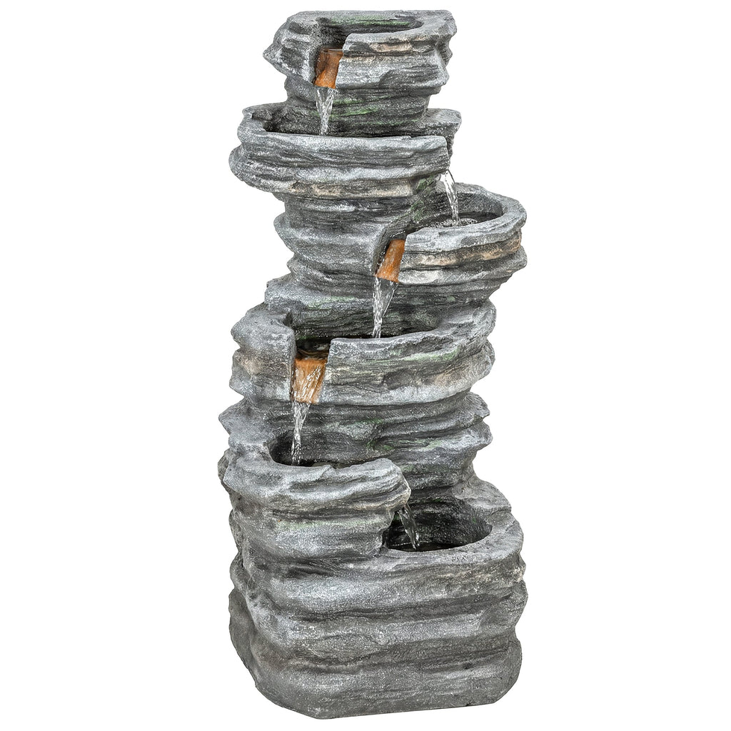 6-Tier Resin Rock Garden Fountain with Cascading Waterfall and LED Lights, Grey