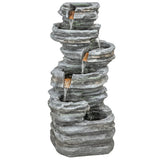 6-Tier Resin Rock Garden Fountain with Cascading Waterfall and LED Lights, Grey