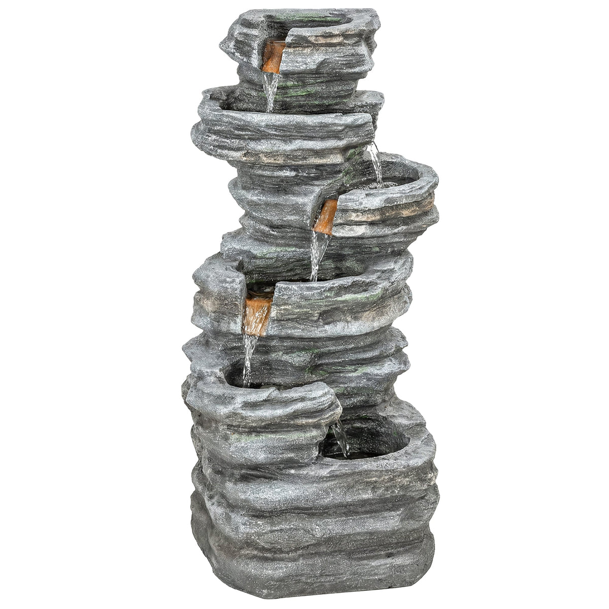 6-Tier Resin Rock Garden Fountain with Cascading Waterfall and LED Lights, Grey
