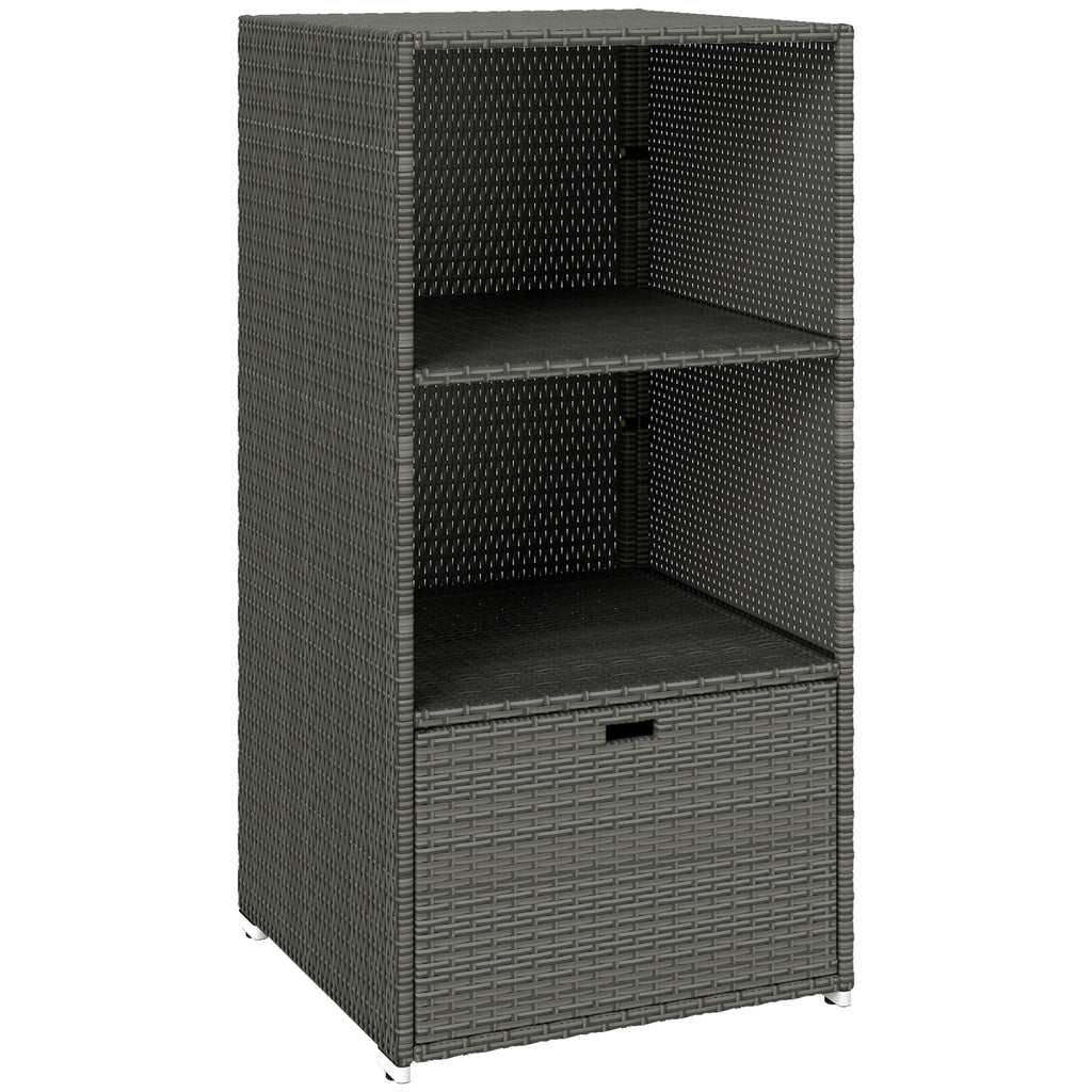 Pool Towel Rack with 2 Shelves and Basket Drawer, PE Rattan, Dark Gray