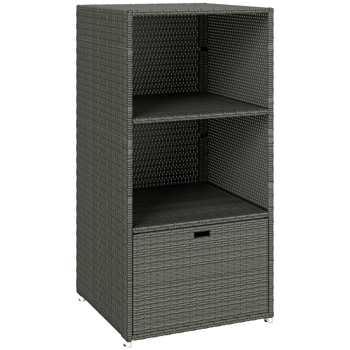 Pool Towel Rack with 2 Shelves and Basket Drawer, PE Rattan, Dark Gray
