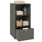 Pool Towel Rack with 2 Shelves and Basket Drawer, PE Rattan, Dark Gray