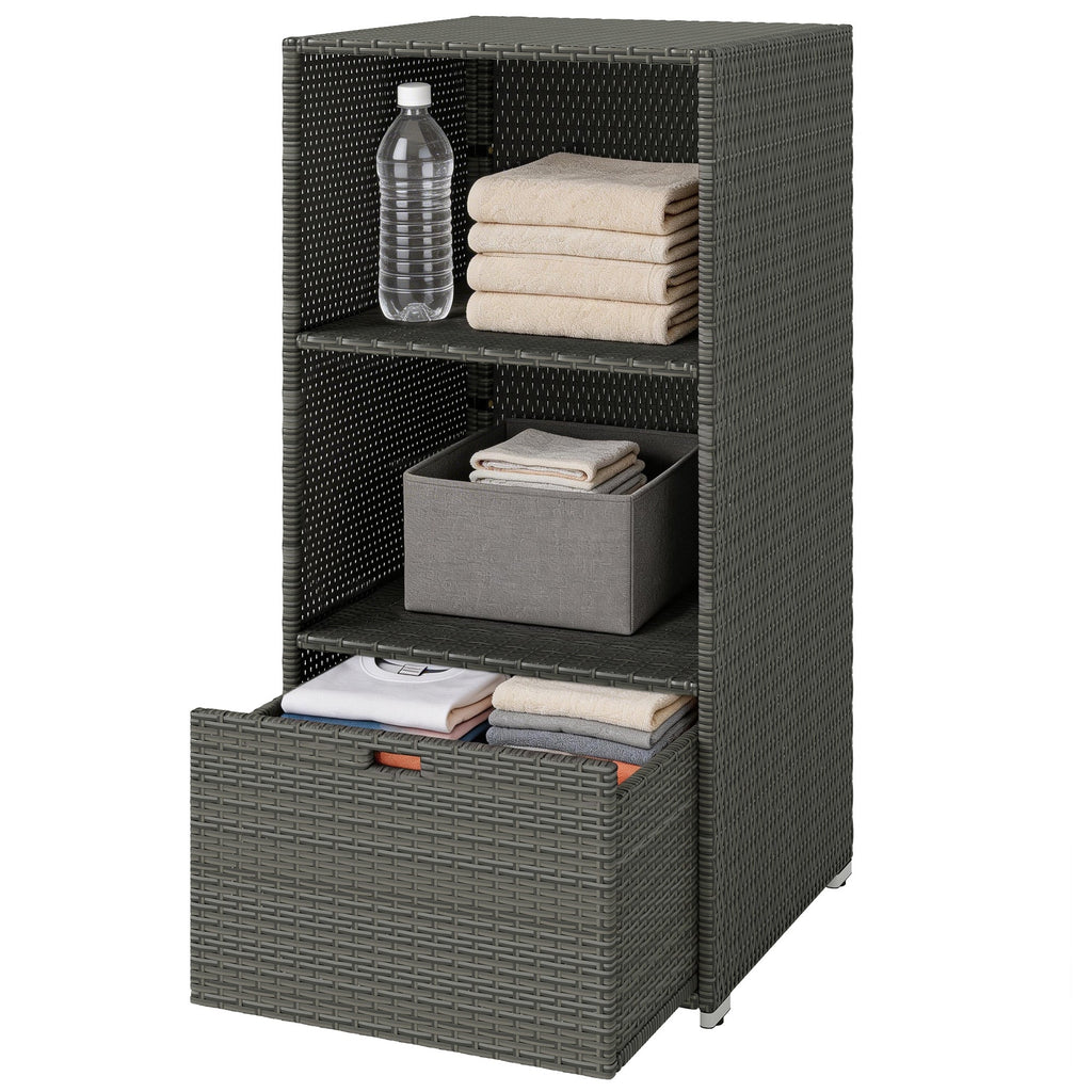 Pool Towel Rack with 2 Shelves and Basket Drawer, PE Rattan, Dark Gray