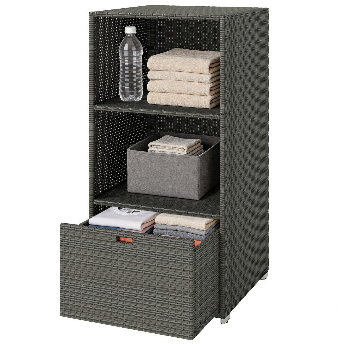 Pool Towel Rack with 2 Shelves and Basket Drawer, PE Rattan, Dark Gray