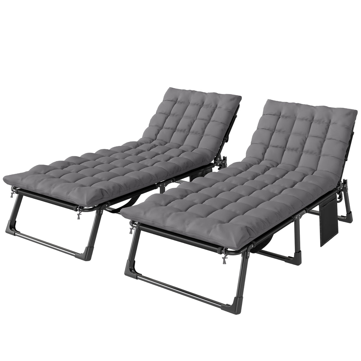 Set of 2 Folding Lounge Chairs, 75 cm Wide with Cushion and Side Pocket, Dark Grey