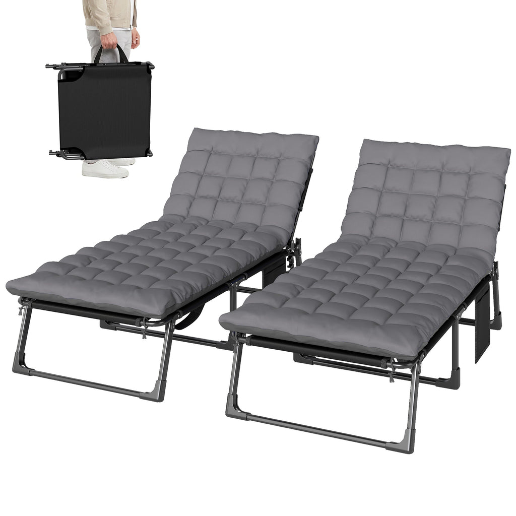 Set of 2 Folding Lounge Chairs, 75 cm Wide with Cushion and Side Pocket, Dark Grey