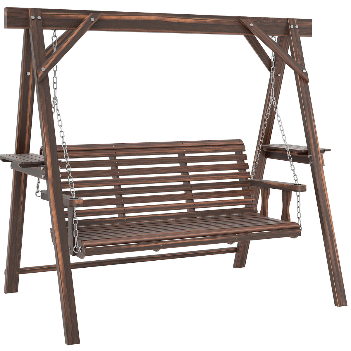 3 Seat Porch Swing with Stand and Side Tables, Carbonized Brown