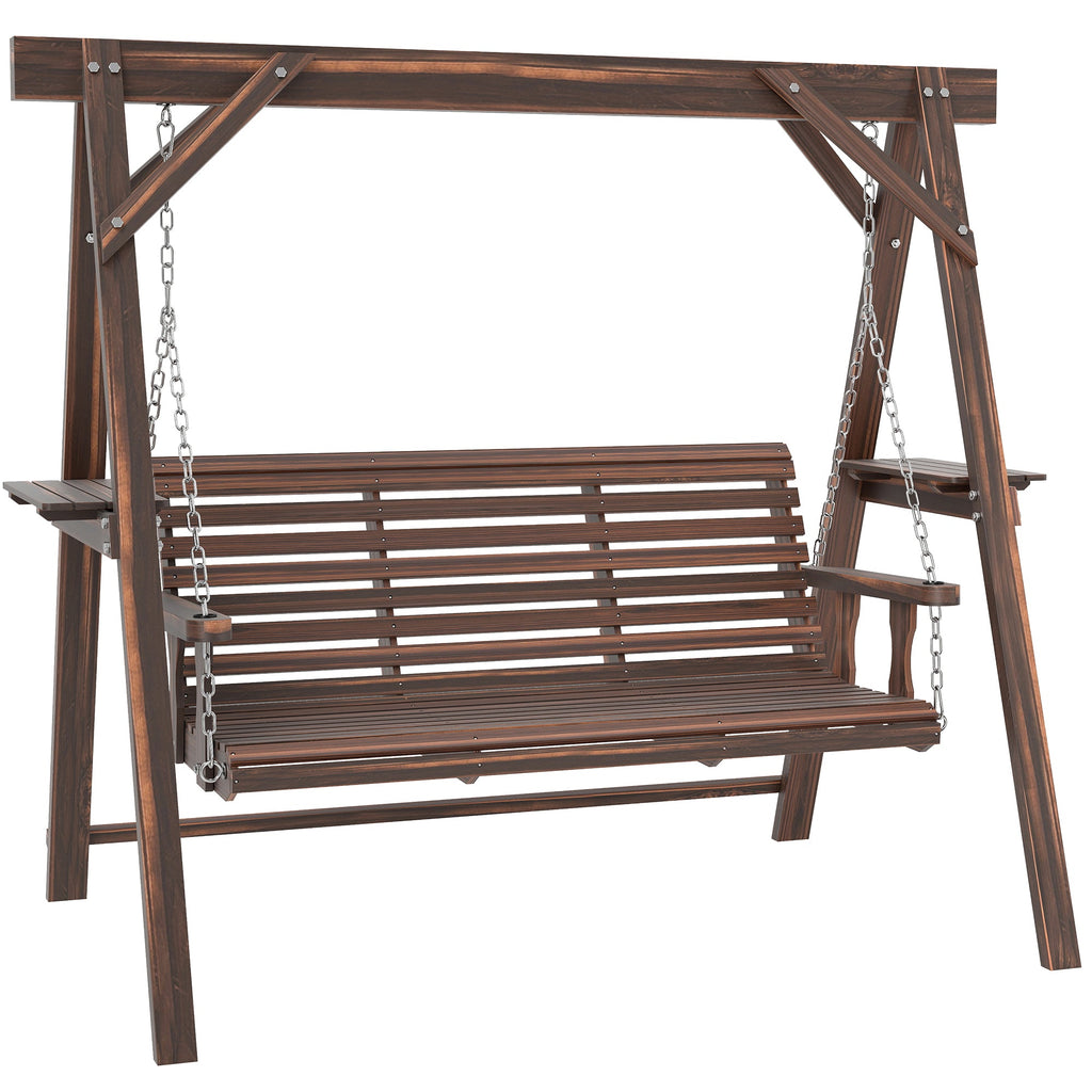3 Seat Porch Swing with Stand and Side Tables, Carbonized Brown