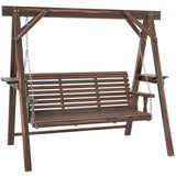 3 Seat Porch Swing with Stand and Side Tables, Carbonized Brown
