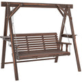 3 Seat Porch Swing with Stand and Side Tables, Carbonized Brown