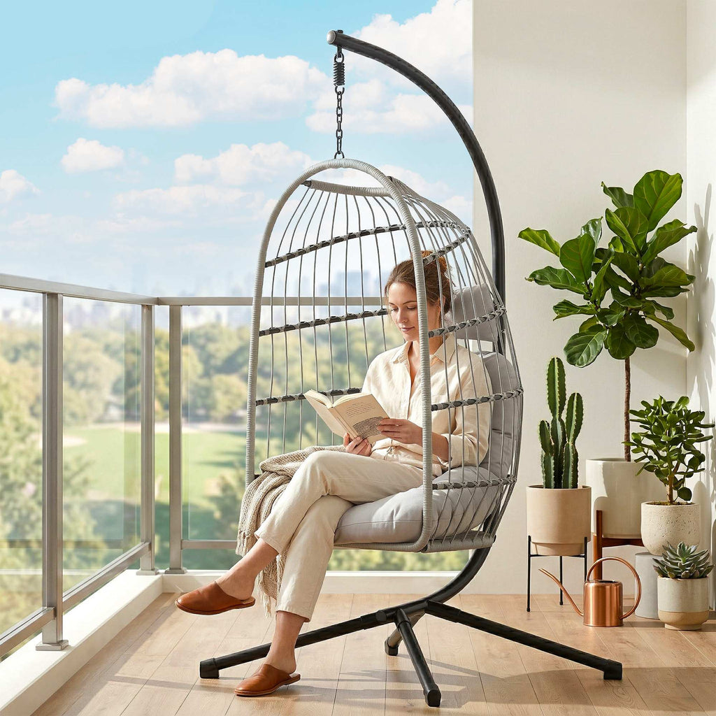 Hanging Egg Chair with Foldable Metal Stand, Thick Cushion, Light Grey