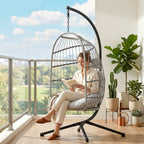 Hanging Egg Chair with Foldable Metal Stand, Thick Cushion, Light Grey